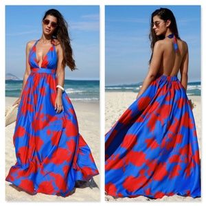 Blue Red Floral Printed Maxi Dress Backless V-Neck Ties Long Flared
